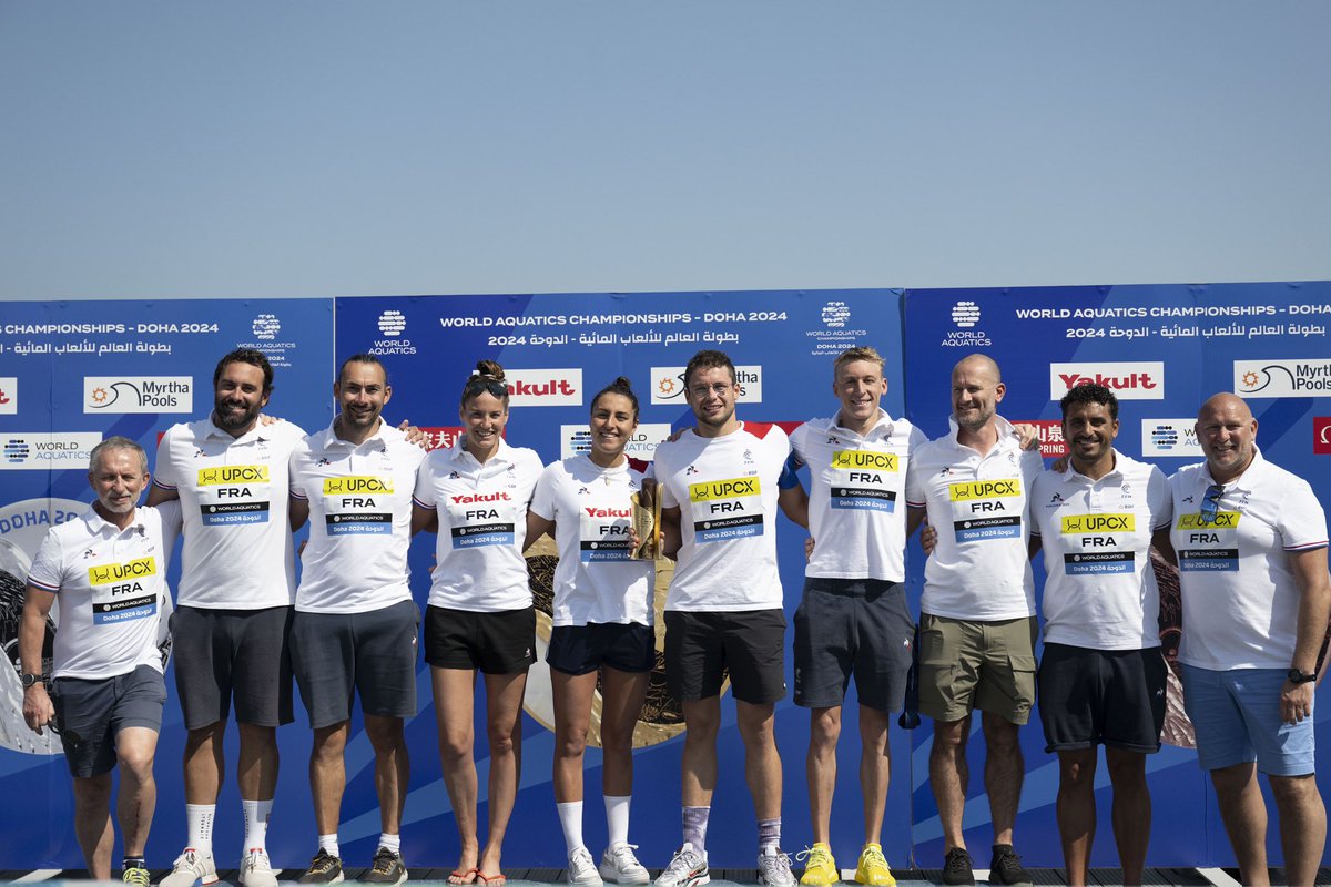 FFNatation's tweet photo. Avec 3 médailles dont 1 titre, l’équipe de France est première au classement des nations sur ces championnats du monde à très exactement 174 jours du 10km à @Paris2024 🏆
🎯 Next step : Jeux Okympiques
🗯️ L’aventure continue ! 
👏🏼 Bravo, et merci à tous ! 
#TeamFrance #Doha2024 https://t.co/KmGSfRDlcM