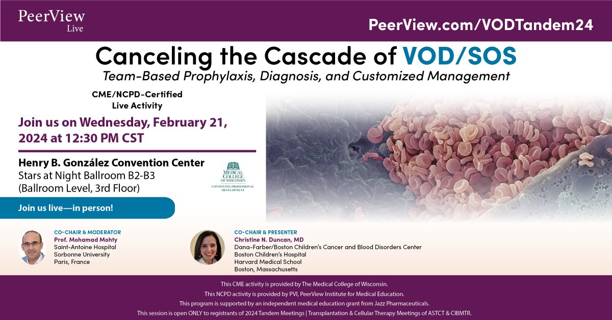 Don't wait to grab an in-person seat at this expert-led #VenoOcclusiveDisease (#VOD) live Clinical Consults #MedEd symposium on Wed, Feb 21 at 12:30 PM CST during #Tandem2024 featuring Prof. Mohamad Mohty and Christine N. Duncan, MD: bit.ly/VODTandem24T #MedTwitter