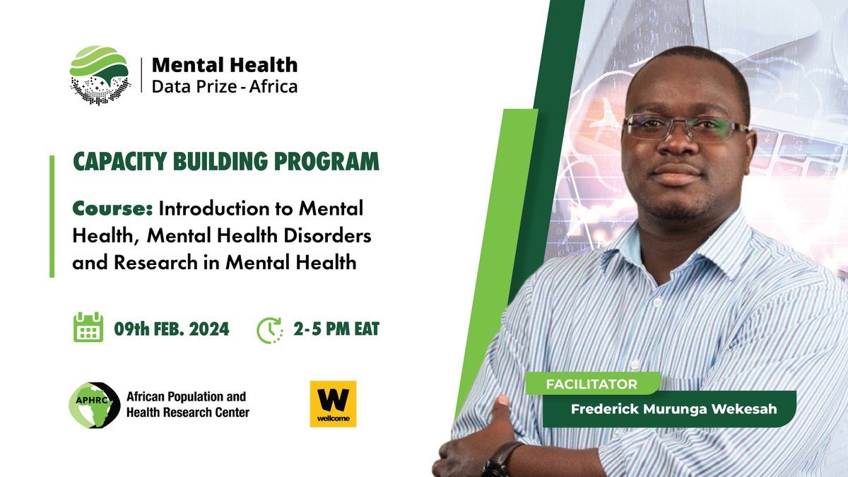 Don't miss our #CapacityBuilding session on 'Introduction to Mental Health, Mental Health Disorders and Research in Mental Health' led by @Wekesah.

Join us on the 9th 👉 tinyurl.com/d7cmy7kr

#MentalHealthDataPrizeAfrica #MentalHealth #TrainingProgram #DataForChange