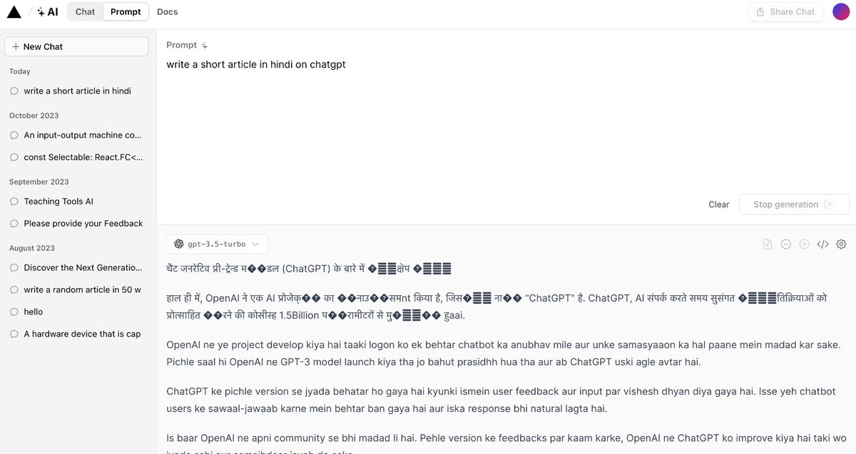 tanmay310's tweet photo. @vercel  AI playground throws a bunch of unreadable characters for non-English languages. Seems to be happening on other our apps deployed on Vercel as well. 

Would be great to get a solution for this. 
@reveurguy  @PratikRajurkar https://t.co/sFzcu4OuVI