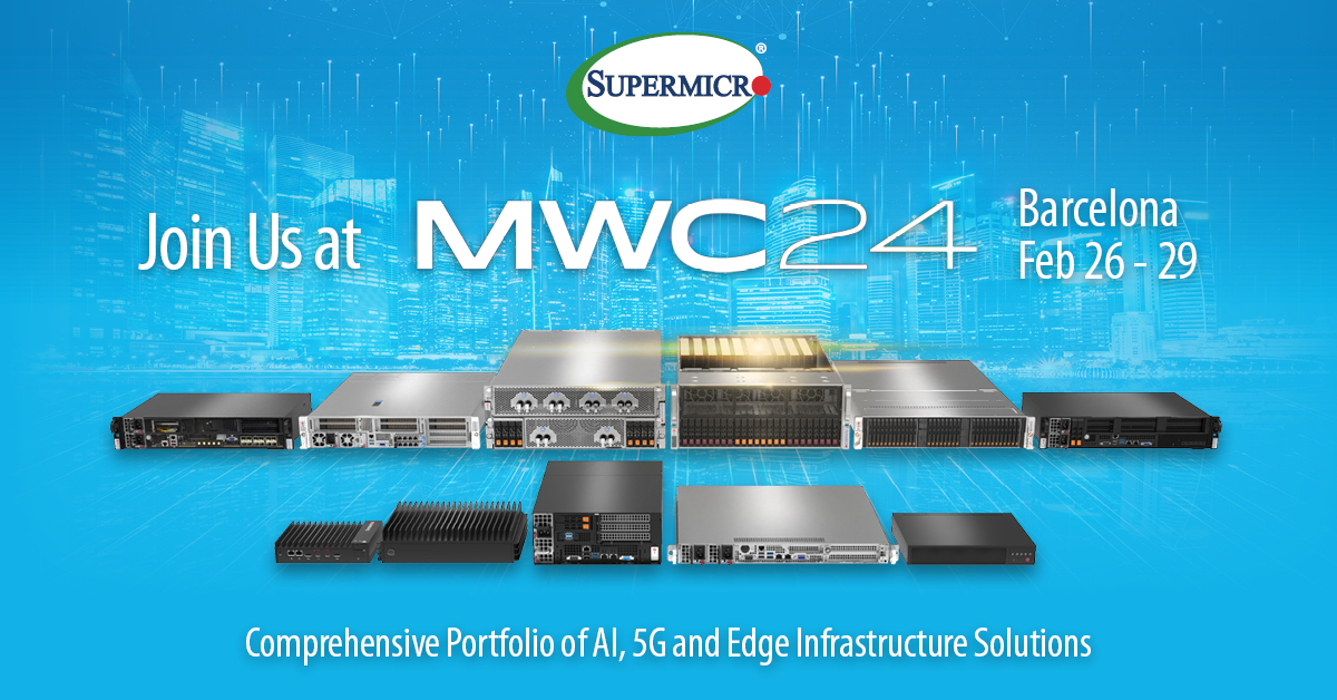 Supermicro's tweet photo. 🔥Join #Supermicro at MWC 2024! 👏Visit booth #2D35 for the latest systems: X13 COTS edge server with Intel vRAN Boost, H13 1U Short-depth system with AMD EPYC™ 8004 Series processor, and platforms supporting NVIDIA L4, L40, and L40S and other GPUs.🔗https://t.co/Pa7VfdoBdC https://t.co/9nmh4Da11w