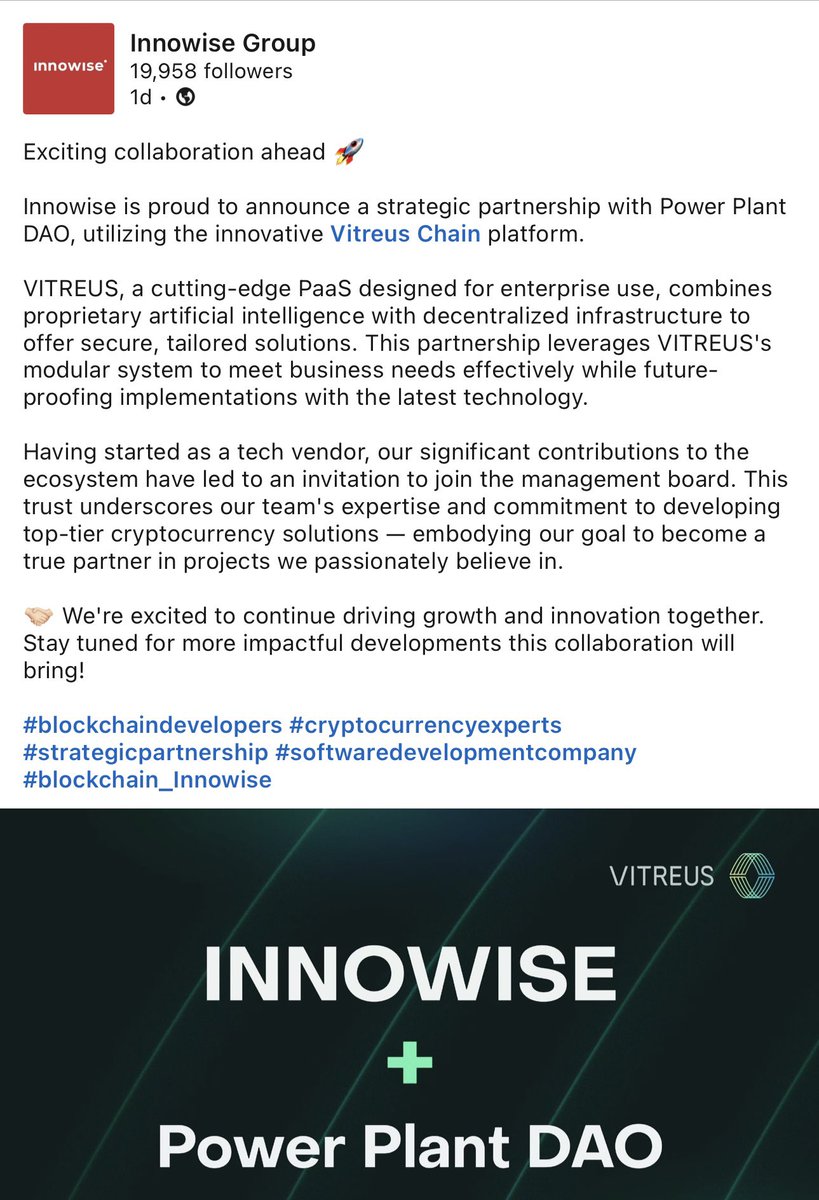 📣 INNOWISE + VITREUS DAO

As you can see in the LinkedIn post below, Vitreus’ DAO has reached a partnership agreement with Innowise Group to join VITREUS’ DAO, driving growth and maintenance of the VTRS ecosystem. 

Innowise maintains 15 offices globally and employees more than