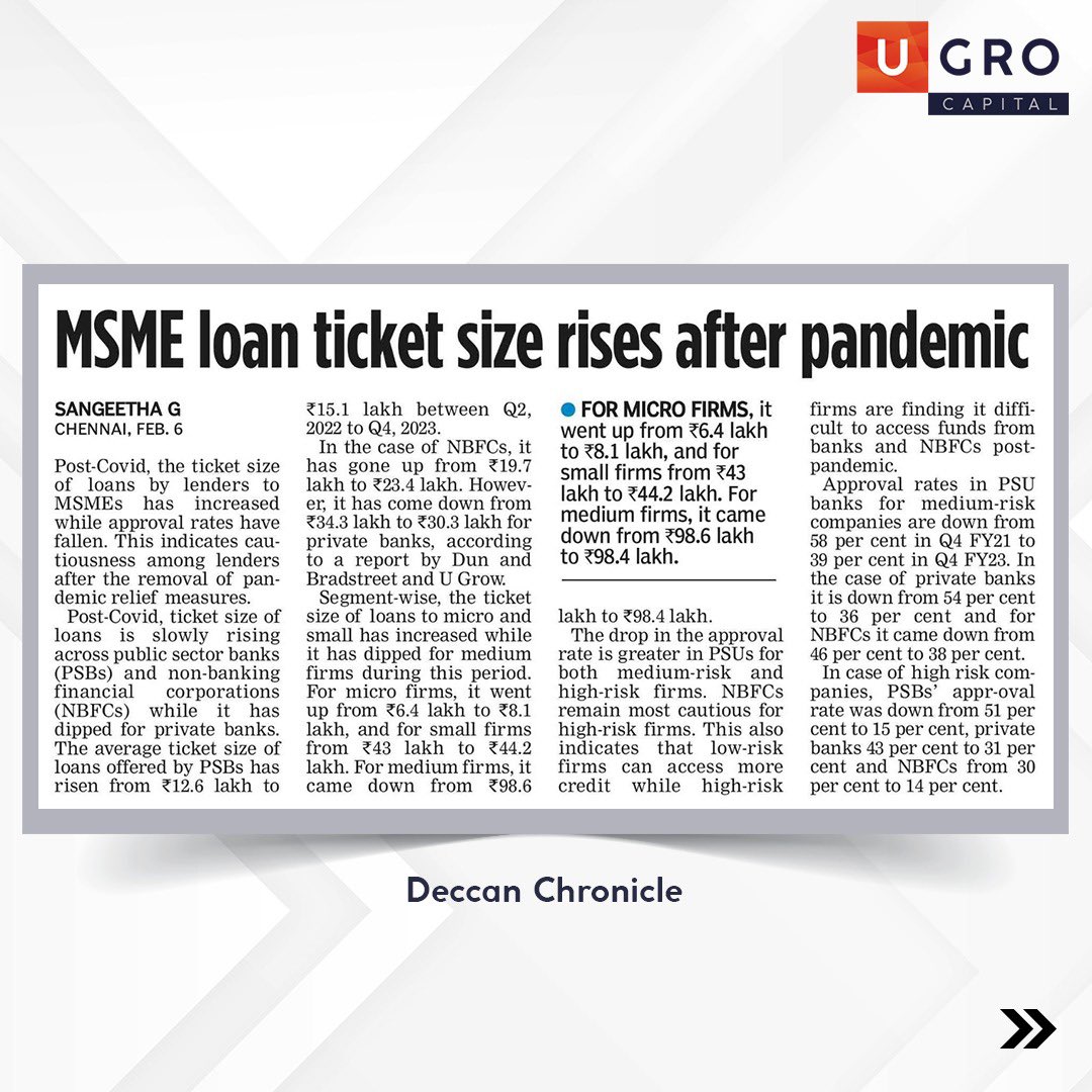 UGROCapital's tweet photo. The @DunBradstreet India X UGRO Capital '@MsmeSampark' report, which was recently released, highlights the average ticket size of NBFCs. The results have shown an increase in micro-businesses' ticket sizes.​

#UGROCapital #MSMESampark #NBFCs https://t.co/KJzqKpmQNN