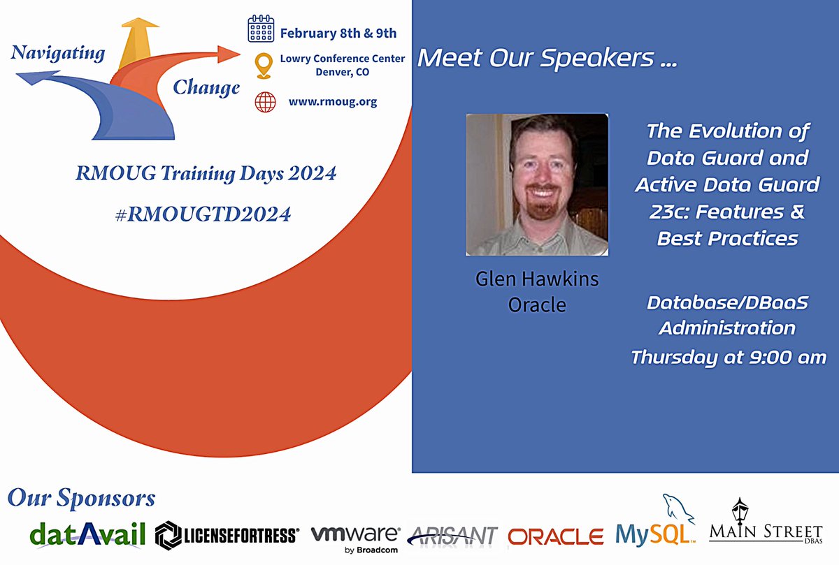 For those at #rmoug training days in Denver today, looking forward to discussing <a href="/Oracle/">Oracle</a> Data Guard 23c with you all in a couple hours!! 

#OracleDatabase #HighAvailability #DisasterRecovery
