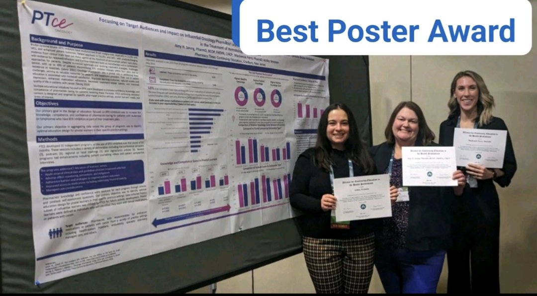 Our poster, Focusing on Target Audiences and Impact to Oncology Pharmacist Learners Through Evaluation of Programs on BTKi in Heme Malignancies, won the Best Poster Award at the Alliance for CE in the Health Professions Annual Conference. #ptce #ptceonc #acehp  #mjh #oncopharm