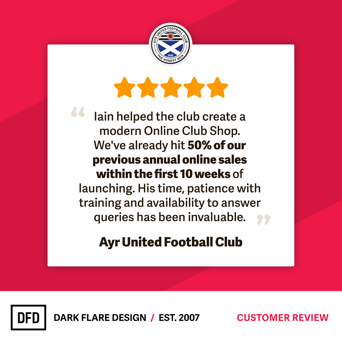 darkflaredesign's tweet photo. ⭐️⭐️⭐️⭐️⭐️ review from Ayr United Football Club — you can read more customer reviews on my Google Business Profile and Facebook (by searching ‘Dark Flare Design’). https://t.co/jNn1A0bVod