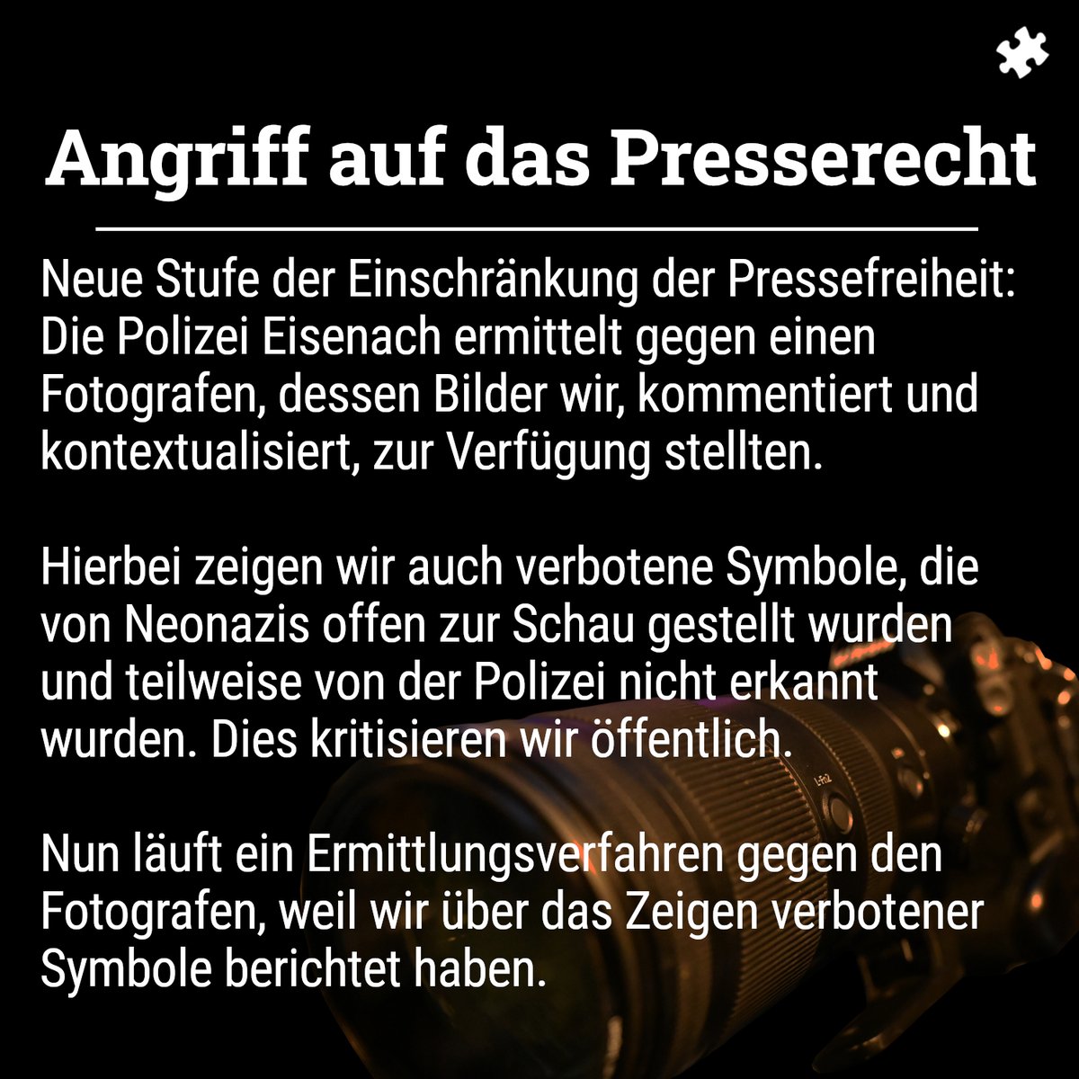 Neue Stufe der Einschränkung der Pressefreiheit erreicht: Die Polizei ermittelt gegen einen Fotografen, dessen Bilder wir, kommentiert und kontextualisiert, zur Verfügung stellten.

#rechtsrocktnicht #eisenach #polizeiproblem #nonazis