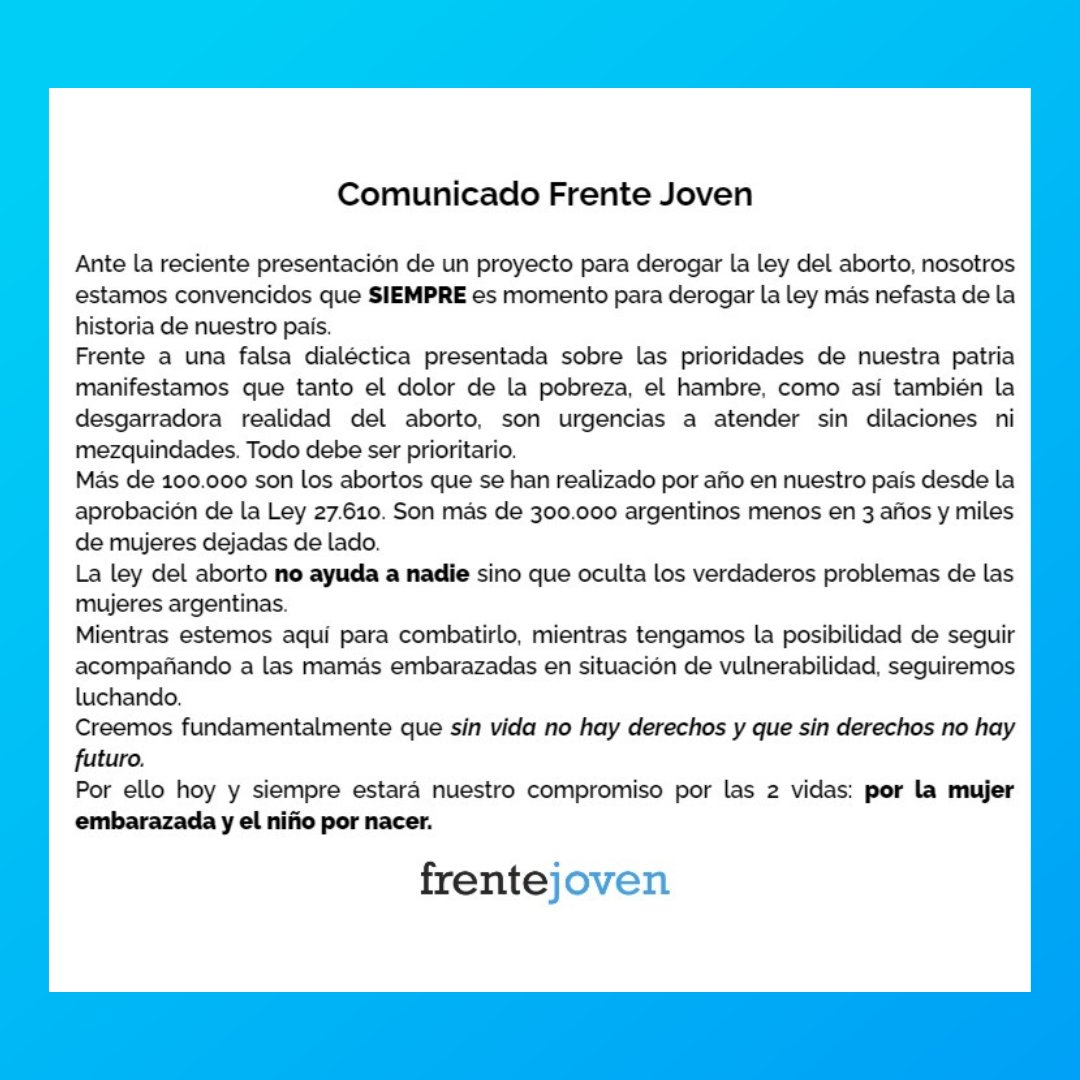 Más de 100.000 son los abortos que se han realizado por año en nuestro país desde la aprobación de la Ley 27.610. Es una realidad, el aborto no ayuda a nadie.

Sin vida no hay derechos y sin derechos no hay futuro.
#SalvemosLas2Vidas