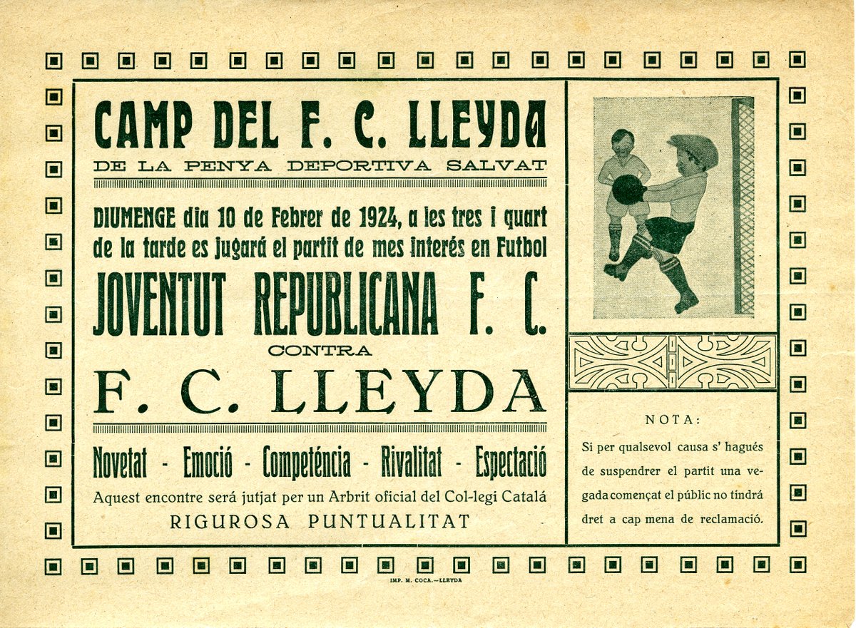 Arxiu Municipal de Lleida (@amlleida) on Twitter photo #TalDiaComAvui de fa 100 anys es va disputar un partit de futbol entre el Joventut Republicana FC i el FC Lleyda. Gràcies a la donació de la família Alfonso Miret conservem el cartell d'aquell esdeveniment.
#AML #Lleida #cartells #FonsAlfonsoMiret
<a href="/paerialleida/">Ajuntament de Lleida</a> #TalDiaComAvui de fa 100 anys es va disputar un partit de futbol entre el Joventut Republicana FC i el FC Lleyda. Gràcies a la donació de la família Alfonso Miret conservem el cartell d'aquell esdeveniment.
#AML #Lleida #cartells #FonsAlfonsoMiret
<a href="/paerialleida/">Ajuntament de Lleida</a>