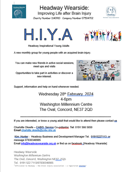 HW Sunderland (@hwsunderland) on Twitter photo Headway have a new group for young people with an acquired brain injury.
See below for details
<a href="/HeadwayWearside/">Headway Wearside</a> Headway have a new group for young people with an acquired brain injury.
See below for details
<a href="/HeadwayWearside/">Headway Wearside</a>