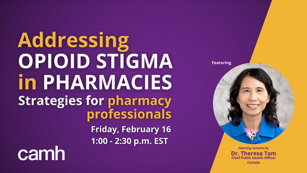Calling all frontline pharmacy professionals supporting people taking #opioids! In collaboration with @GovCanHealth + @CPHO_Canada, we're pleased to launch a free webinar about the harms + impacts of opioid-related #stigma in pharmacy settings. REGISTER: camh.webex.com/weblink/regist…