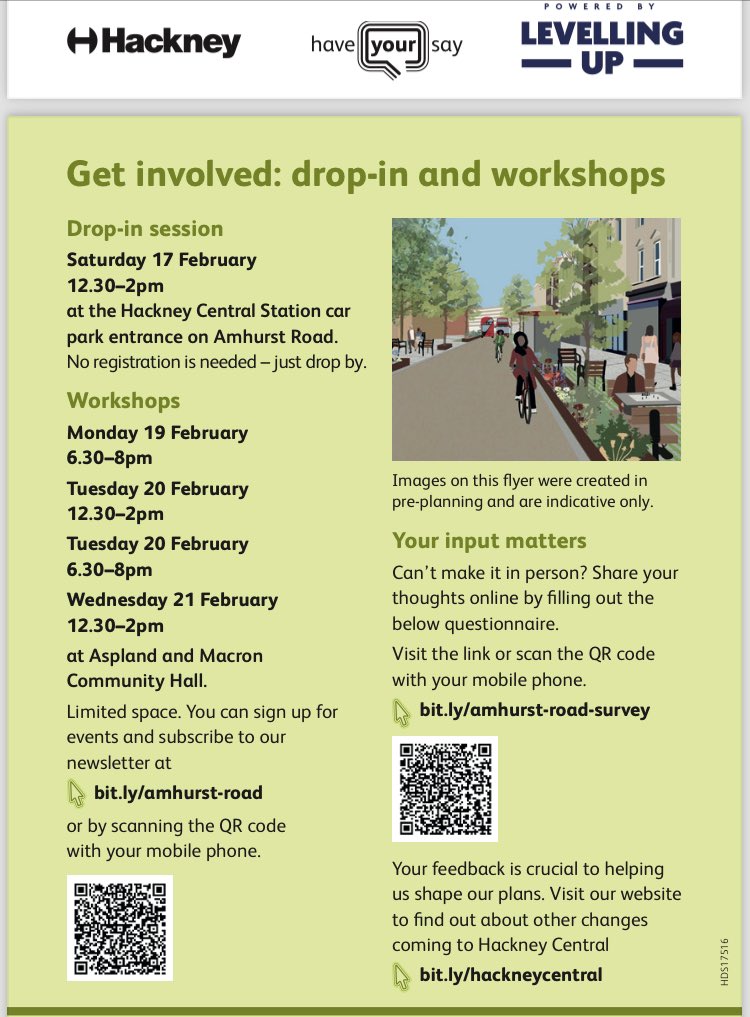 Dates for your diary and online survey 👀 @hackneycouncil will be distributing these leaflets early next week so keep an eye out for more info #MorePemburyLessCircus #AmhurstRoadGreenCorridor #HackneyCentral #HackneyDowns