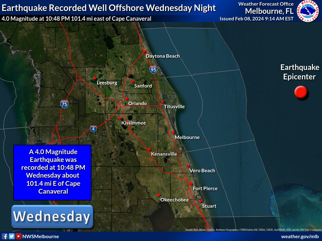 02/08 | Did anyone feel the Earthquake last night? A 4.0 magnitude Earthquake was reported well offshore of the Brevard County coast 101.4 mi E of Cape Canaveral at 10:48 PM Wednesday. For more information check out earthquake.usgs.gov/earthquakes/ev…. #FL