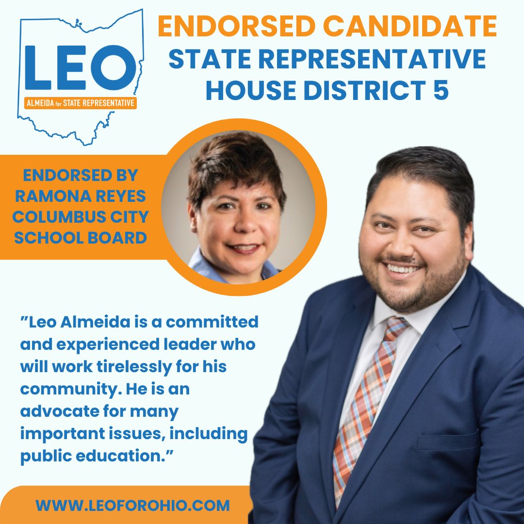 LeoforOhio's tweet photo. Endorsement Alert! I’m excited to announce that my good friend and Columbus School Board Member, Ramona Reyes, has endorsed me. She is a respected community leader and an advocate for our schools, students, and teachers. I’m honored to have her endorsement! https://t.co/inLWAj3ZLm