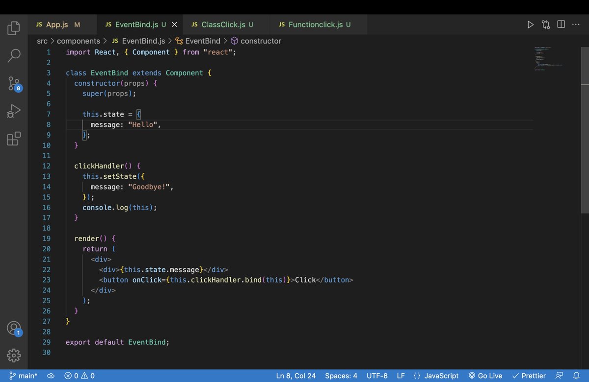 DhruvKathrotiya's tweet image. Day 5 of #50DaysofLearningReact 🌐 
Exploring React&apos;s event handling &amp;amp; Binding Event Handlers! 🌟 #CodingJourney #webdevelopment #reactjs 🧑🏻‍💻...