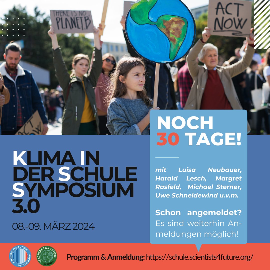 Noch 30 Tage bis zum “Klima in der Schule Symposium” (KISS) 3.0! 🔥

Bist du schon angemeldet? Wenn nicht, schau unbedingt auf unserer Webseite (schule.scientists4future.org/kiss-2024/) vorbei. Dort findest du auch eine Übersicht des geplanten Programms und weitere Informationen😊.