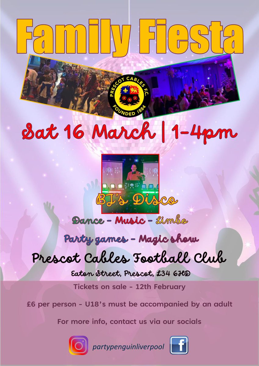Join us on Sat 16th March for our Family Fiesta <a href="/Function1884/">Prescot Cables Function Room</a>! 

Magic, Music &amp; More! 🪄 🎶 🕺

Tickets (£6pp) on sale from 12th Feb 🎟