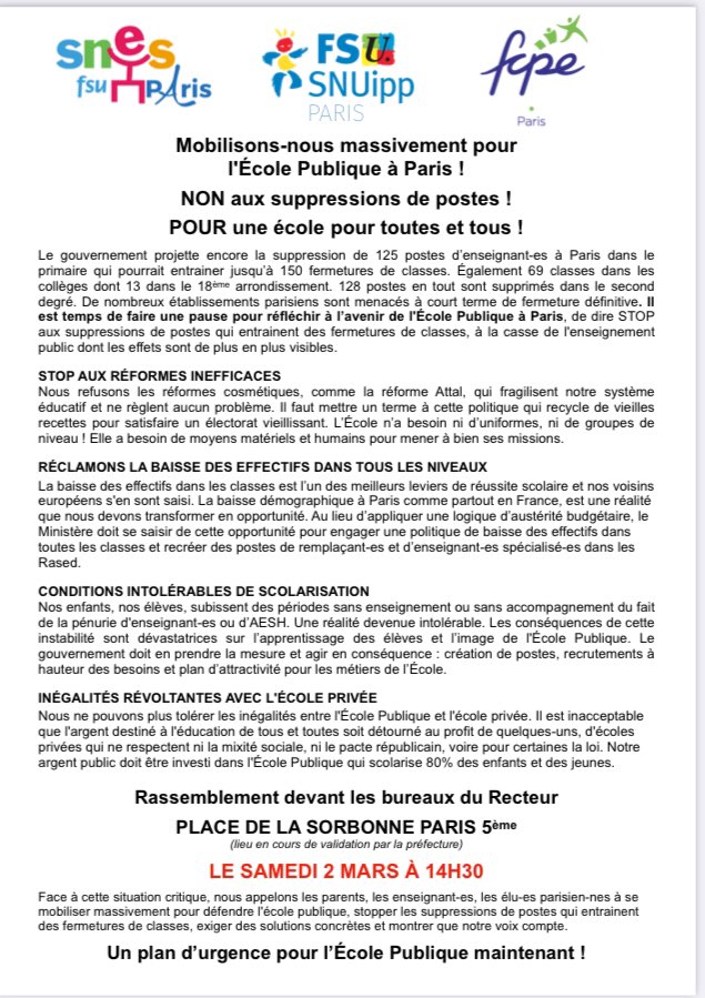 🚨Parisien.nes attachés à l’école publique, la <a href="/FCPE_Paris/">FCPE Paris</a> appelle au rassemblement le SAMEDI 2 MARS 14h30 pour dire NON au manque de moyens, aux groupes de niveaux, aux suppressions de postes et à tout ce qui fragilise l’école de la République ! 
#2mars 
fcpe75.org/tous-place-de-…
