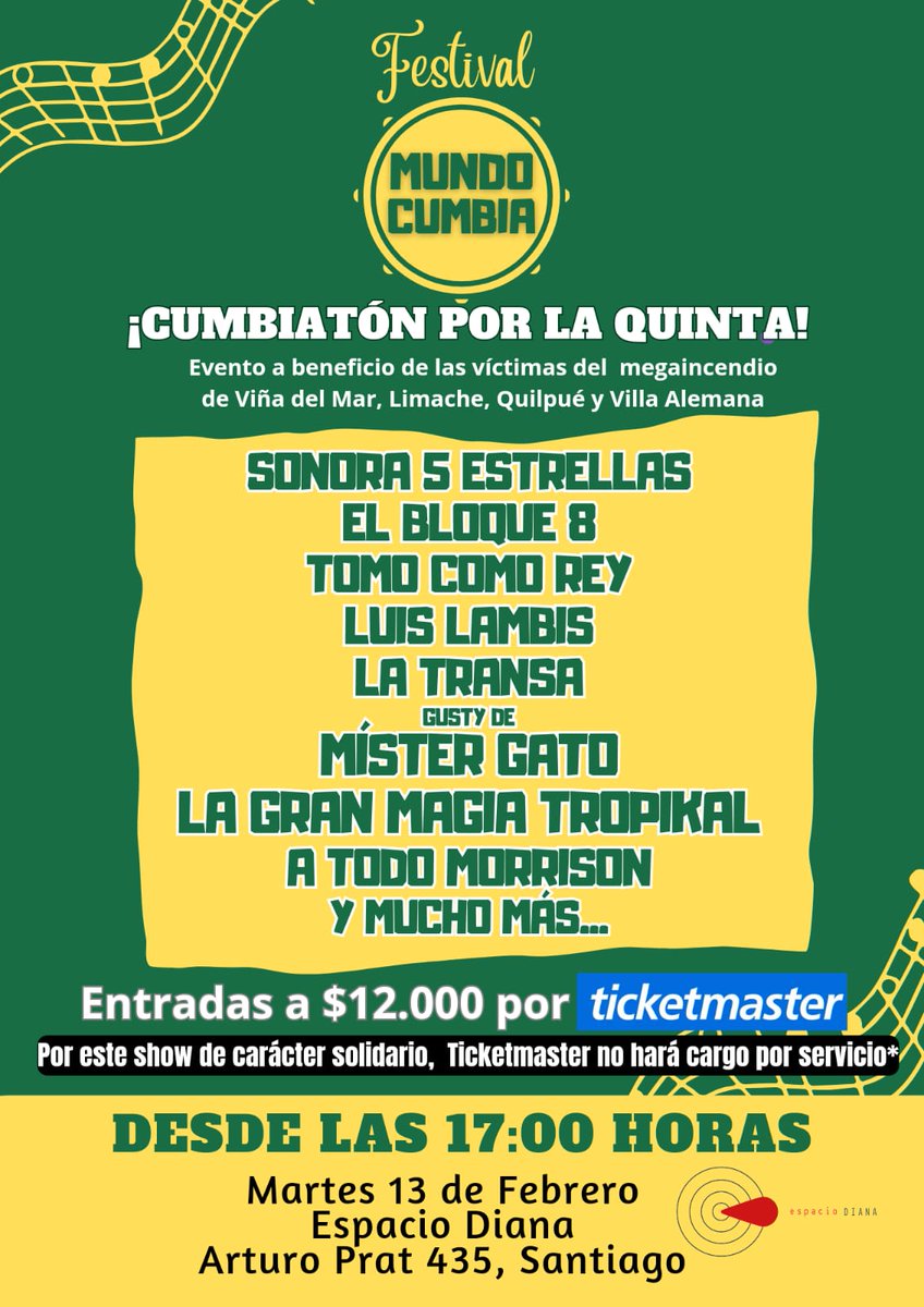 ElPolitico_cl's tweet photo. Desde Mundo Cumbia estan organizando el Festival Mundo Cumbia: Cumbiatón por la Quinta. Es un evento que se realizará en Santiago y todo lo recaudado irá en ayuda de las familias afectadas por los incendios y por lo mismo, ticketmaster no cobrará cargo. https://t.co/AY6iTZWMte