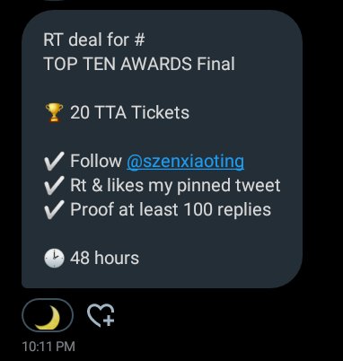 RT deal for #ENHYPEN
TOP TEN AWARDS Final

🏆 20 TTA Tickets 

✅ Follow <a href="/szenxiaoting/">Mey || Selling wts fanplus</a>
✅ Rt and likes my pinned tweet
️✅ Proofs at least 100 replies

🕑 48 hours

#ENFuelUp #ENVOOSTERS