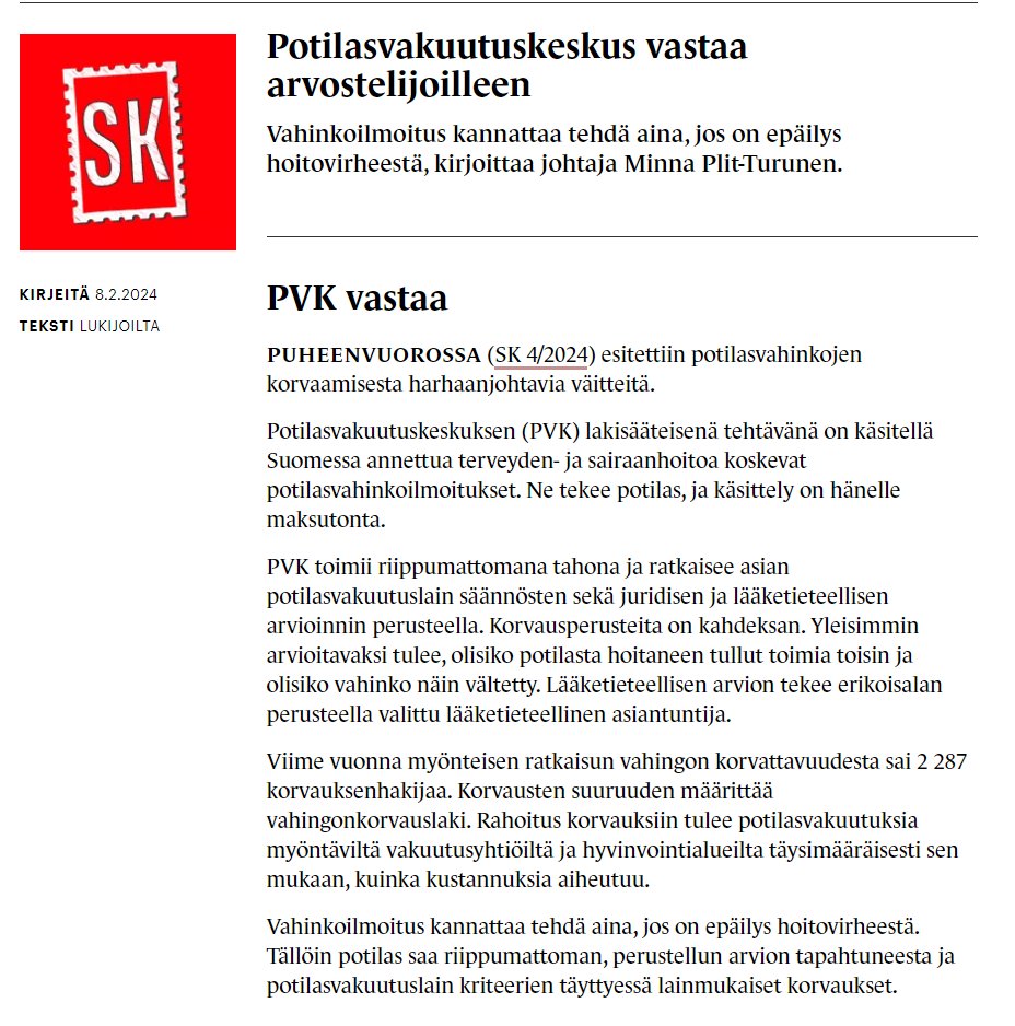 Potilasvakuutus's tweet photo. "Vahinkoilmoitus kannattaa tehdä aina, jos on epäilys hoitovirheestä", kirjoittaa @PlitTurunen @SuomenKuvalehti.
Minna jatkaa blogissaan samasta aiheesta:
"Jokaisen ilmoituksen taustalla on aito kokemus terveydenhuollon toiminnasta tai toimimattomuudesta."
https://t.co/CCBASU6qjP https://t.co/8KSibgB9CU