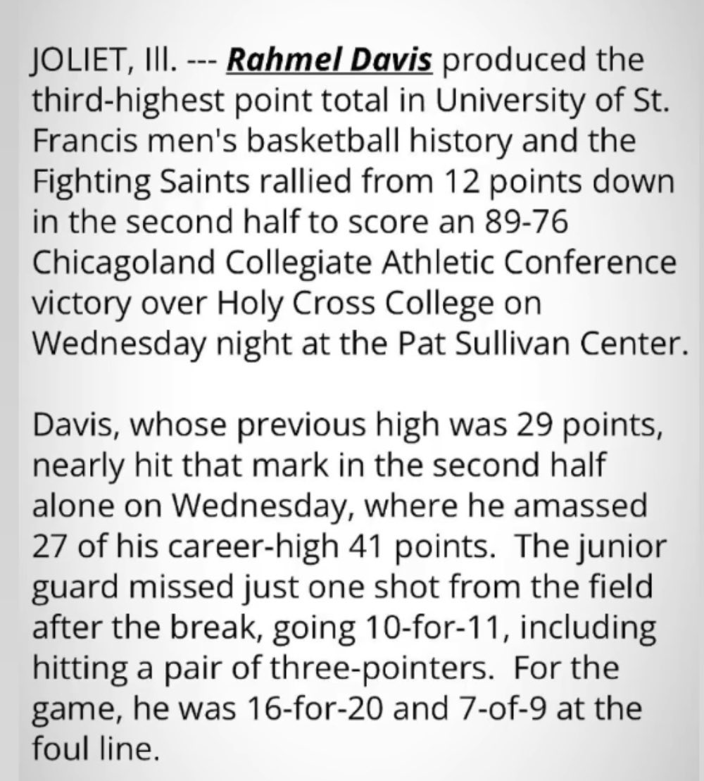 Major shoutout out to former Mustang Rahmel Davis of St Francis scoring 41pts in a victory over Holy Cross. Davis’s 41 is the 3rd highest point total in St Francis basketball history. 🐎🏀🐎🏀🐎