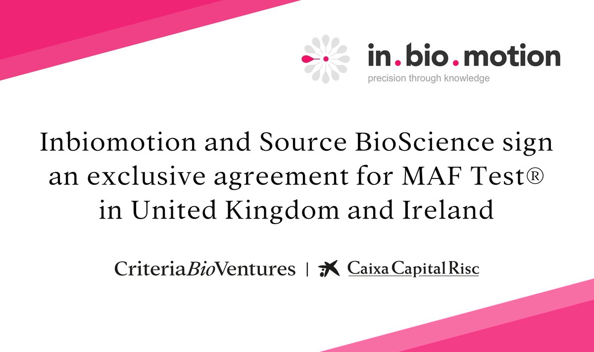 Criteria Bio Ventures (@criteriabiovc) on Twitter photo Our portfolio company @Inbiomotion and <a href="/SourceBio/">Source BioScience</a> have signed an exclusive agreement for MAF Test® in the UK and Ireland.
The MAF Test® will benefit ~56,000 new #breastcancer patients each year.
More info 👉 inbiomotion.com/documents/2402…
#CBVnews #portfolionews #oncology Our portfolio company @Inbiomotion and <a href="/SourceBio/">Source BioScience</a> have signed an exclusive agreement for MAF Test® in the UK and Ireland.
The MAF Test® will benefit ~56,000 new #breastcancer patients each year.
More info 👉 inbiomotion.com/documents/2402…
#CBVnews #portfolionews #oncology