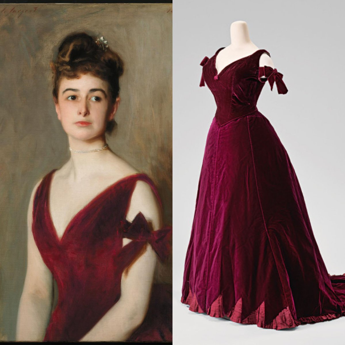 The opening of Sargent and Fashion at the @Tate is only 2 weeks away! Sargent painted this 1887 portrait of Mrs. Charles E. Inches (Louise Pomeroy) wearing a red silk velvet evening dress that was later altered in 1902. Painting and dress @mfaboston collection #SargentAndFashion