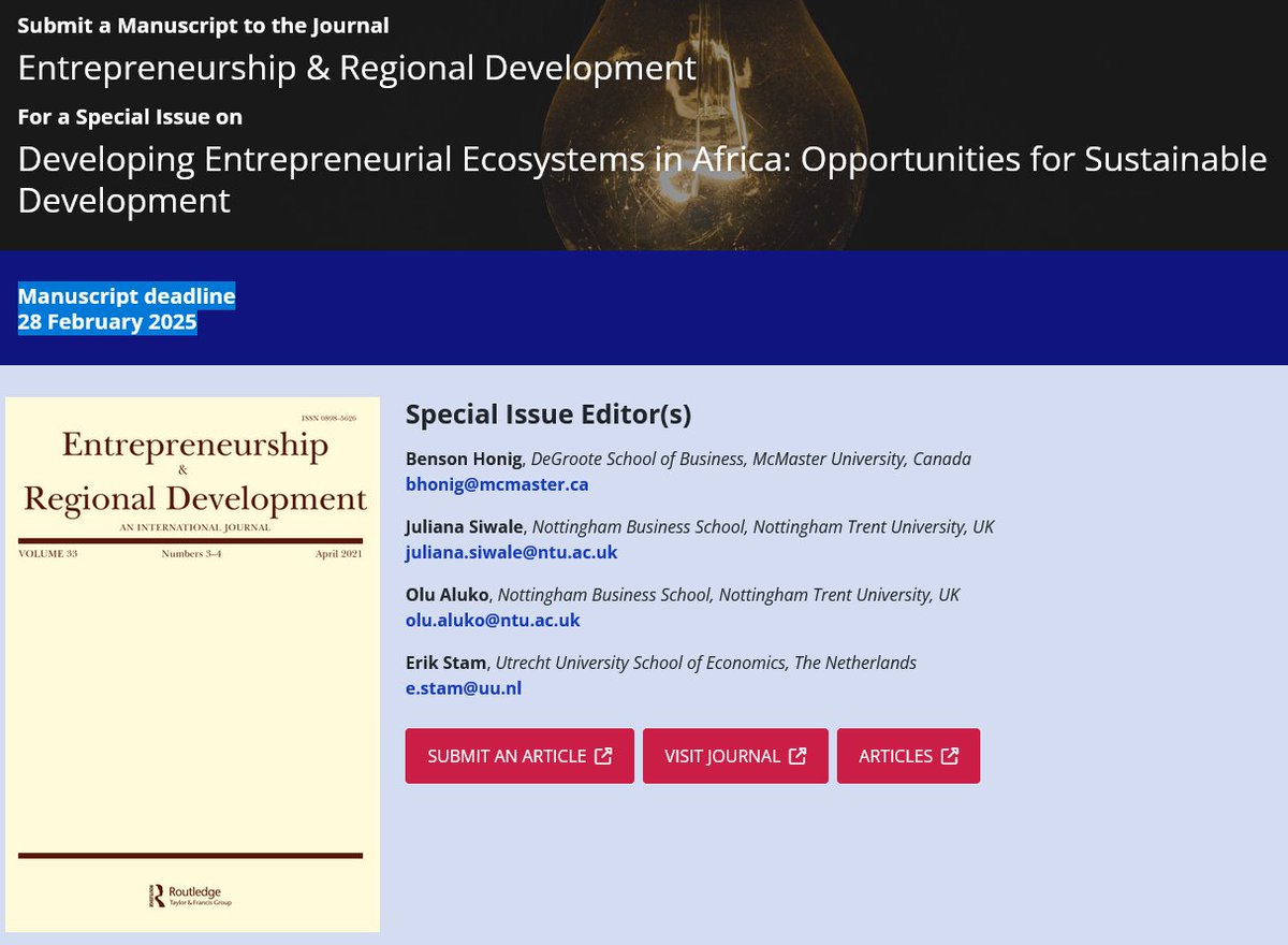 Entrepreneurship & Regional Development (@erd_intjournal) on Twitter photo 📣 Special Issue <a href="/ERD_IntJournal/">Entrepreneurship & Regional Development</a>
Developing Entrepreneurial Ecosystems in Africa: Opportunities for Sustainable Development
Guest Editors
Benson Honig, Juliana Siwale, Olu Aluko, Erik Stam
📅 25 February 2025
think.taylorandfrancis.com/special_issues… 📣 Special Issue <a href="/ERD_IntJournal/">Entrepreneurship & Regional Development</a>
Developing Entrepreneurial Ecosystems in Africa: Opportunities for Sustainable Development
Guest Editors
Benson Honig, Juliana Siwale, Olu Aluko, Erik Stam
📅 25 February 2025
think.taylorandfrancis.com/special_issues…