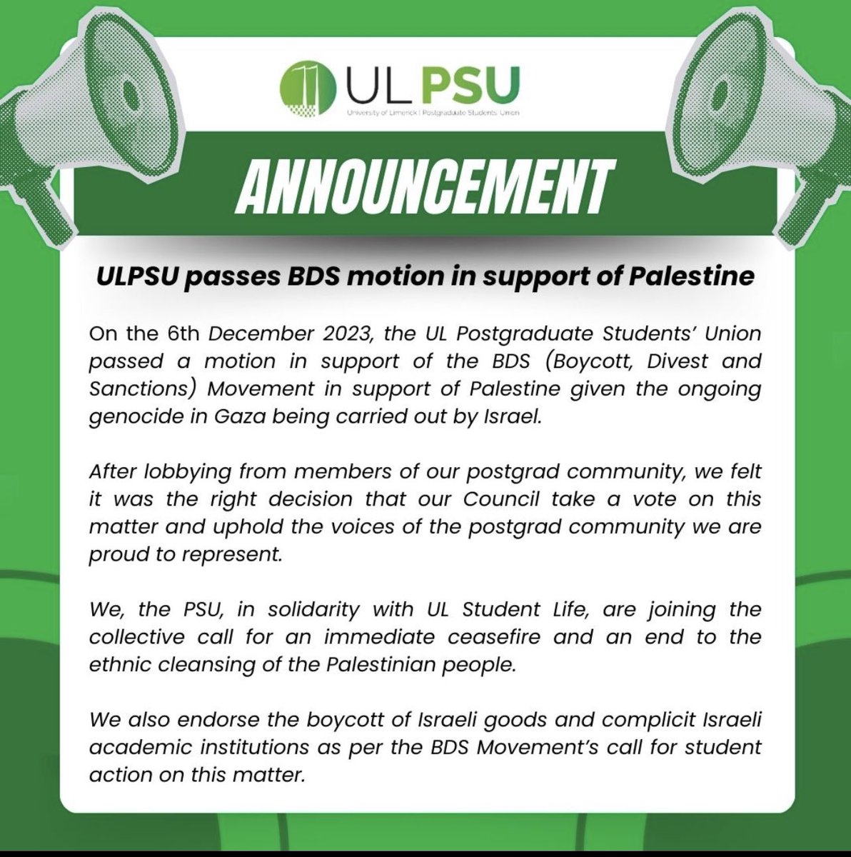 ULPSU passes BDS motion in Support of Palestine