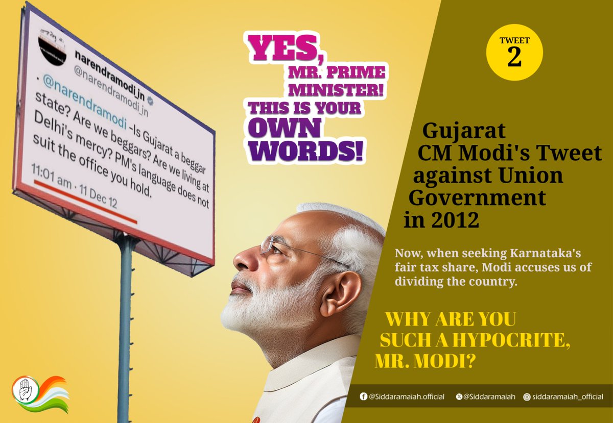 siddaramaiah's tweet photo. Prime Minister Narendra Modi's remark about our 'Chalo Delhi' campaign, aimed at protesting the injustices suffered by Kannadigas due to the Union Government's unfair tax allocation, being a threat to the nation's unity and security, is surprising.

I urge Prime Minister Narendra Modi to remember his own remarks opposing the UPA Government when he served as the Chief Minister of Gujarat. Weren't your statements back then also seen as potentially endangering the nation's unity and security? I await your reply.

Narendra Modi expressed his concerns regarding the Central Finance Commission at various events during his tenure as the Chief Minister of Gujarat.

In a statement issued on December 6, 2012, CM Modi questioned the return on Gujarat's significant financial contributions to the Union Government, asking, "Gujarat is giving Rs 60,000 crore to the Union Government, how much of this has come back to us? Is Gujarat a beggar state?"

At a function in Vadodara in 2008, Modi remarked on Gujarat's substantial tax payments to the Union Government, stating, "Gujarat contributed Rs 40,000 crore annually to the Union Government in taxes. However, only a mere 2.5% of this sum was being allocated back to the state. Instead of receiving such a paltry amount in return, why not permit us to utilise our own taxes for at least a year?"

At the 10th Pravasi Bharatiya Diwas convention on January 9, 2012, amidst distinguished foreign dignitaries, Modi openly expressed his dismay at the Union Government's lack of assistance, declaring, "We receive no support from the Union Government or the Prime Minister. We've solely depended on our own resources."

During discussions with the 14th Finance Commission, Modi emphasised the need for a more equitable approach, urging the Union Government to allocate a larger portion, ideally between 32 to 50%, of the taxes collected from the states back to them.

He argued before the Finance Commission that the criteria for tax allocation should be revised to provide greater incentives to states demonstrating effective financial management and developmental efforts. Modi asserted the necessity of reforming the current tax allocation system, which disproportionately rewards underperforming states at the expense of those excelling in fiscal management. He advocated for incentivising states that have significantly contributed to infrastructure development and national progress. 

Wasn't this stance in opposition to the Union Government?

Furthermore, Modi, who as Gujarat CM, previously criticised the Union Government for allegedly exploiting agencies like the CBI for its benefit and penalising adversaries, now denounces those questioning the credibility of the CBI, ED, and the Income Tax Department as “anti-nationals”.

During the implementation of the Foreign Direct Investment (FDI) Act by the UPA government, Modi, a vocal opponent, mocked that 'foreigners would eventually control even the trade of essential commodities like salt and spices.' He expressed apprehension that FDI would lead to unemployment among small shop owners and those in the manufacturing sector.

When the rupee was plummeting against the dollar, Modi humorously remarked that 'the UPA government and the rupee seem to be in a competition to see who falls faster.'

Despite previously warning about the adverse effects of rising petrol prices on the people of Gujarat, Modi, after becoming the Prime Minister, continued to raise petrol prices even as crude oil prices declined. This decision inflicted hardships not only on Gujaratis but on citizens across the nation.

Also, Gujarat CM Modi vehemently opposed the Aadhaar card, dismissing it as a mere political ploy with no long-term viability. However, upon becoming PM, Modi reversed his stance and became a fervent advocate for the Aadhaar.

#AnswerMadiModi 
#MyTaxMyRight 
#ನಮ್ಮತೆರಿಗೆನಮ್ಮಹಕ್ಕು