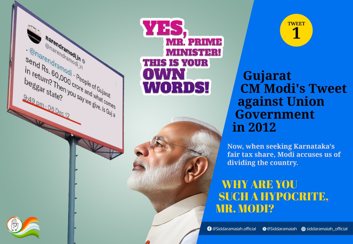 siddaramaiah's tweet photo. Prime Minister Narendra Modi's remark about our 'Chalo Delhi' campaign, aimed at protesting the injustices suffered by Kannadigas due to the Union Government's unfair tax allocation, being a threat to the nation's unity and security, is surprising.

I urge Prime Minister Narendra Modi to remember his own remarks opposing the UPA Government when he served as the Chief Minister of Gujarat. Weren't your statements back then also seen as potentially endangering the nation's unity and security? I await your reply.

Narendra Modi expressed his concerns regarding the Central Finance Commission at various events during his tenure as the Chief Minister of Gujarat.

In a statement issued on December 6, 2012, CM Modi questioned the return on Gujarat's significant financial contributions to the Union Government, asking, "Gujarat is giving Rs 60,000 crore to the Union Government, how much of this has come back to us? Is Gujarat a beggar state?"

At a function in Vadodara in 2008, Modi remarked on Gujarat's substantial tax payments to the Union Government, stating, "Gujarat contributed Rs 40,000 crore annually to the Union Government in taxes. However, only a mere 2.5% of this sum was being allocated back to the state. Instead of receiving such a paltry amount in return, why not permit us to utilise our own taxes for at least a year?"

At the 10th Pravasi Bharatiya Diwas convention on January 9, 2012, amidst distinguished foreign dignitaries, Modi openly expressed his dismay at the Union Government's lack of assistance, declaring, "We receive no support from the Union Government or the Prime Minister. We've solely depended on our own resources."

During discussions with the 14th Finance Commission, Modi emphasised the need for a more equitable approach, urging the Union Government to allocate a larger portion, ideally between 32 to 50%, of the taxes collected from the states back to them.

He argued before the Finance Commission that the criteria for tax allocation should be revised to provide greater incentives to states demonstrating effective financial management and developmental efforts. Modi asserted the necessity of reforming the current tax allocation system, which disproportionately rewards underperforming states at the expense of those excelling in fiscal management. He advocated for incentivising states that have significantly contributed to infrastructure development and national progress. 

Wasn't this stance in opposition to the Union Government?

Furthermore, Modi, who as Gujarat CM, previously criticised the Union Government for allegedly exploiting agencies like the CBI for its benefit and penalising adversaries, now denounces those questioning the credibility of the CBI, ED, and the Income Tax Department as “anti-nationals”.

During the implementation of the Foreign Direct Investment (FDI) Act by the UPA government, Modi, a vocal opponent, mocked that 'foreigners would eventually control even the trade of essential commodities like salt and spices.' He expressed apprehension that FDI would lead to unemployment among small shop owners and those in the manufacturing sector.

When the rupee was plummeting against the dollar, Modi humorously remarked that 'the UPA government and the rupee seem to be in a competition to see who falls faster.'

Despite previously warning about the adverse effects of rising petrol prices on the people of Gujarat, Modi, after becoming the Prime Minister, continued to raise petrol prices even as crude oil prices declined. This decision inflicted hardships not only on Gujaratis but on citizens across the nation.

Also, Gujarat CM Modi vehemently opposed the Aadhaar card, dismissing it as a mere political ploy with no long-term viability. However, upon becoming PM, Modi reversed his stance and became a fervent advocate for the Aadhaar.

#AnswerMadiModi 
#MyTaxMyRight 
#ನಮ್ಮತೆರಿಗೆನಮ್ಮಹಕ್ಕು