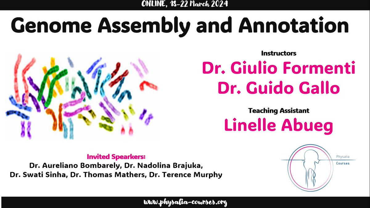 Now it is complete☺️ We have an amazing lineup of instructors with @giulio_formenti @GuidoRGallo @llabueg and invited speakers with @aubombarely @NadolinaB @Thomas_Mathers for the #GenomeAssembly and Annotation course Still a few seats available: physalia-courses.org/courses-worksh… Please RT