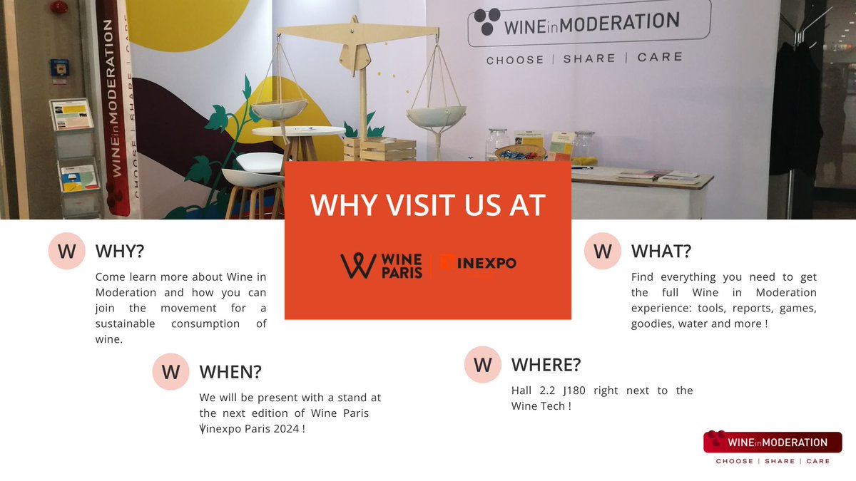 Planning the Wine Paris & Vinexpo Paris trade fair, & almost finished planning your meetings schedule ? Make sure to pass by our stand as well to learn more about Wine in Moderation ! Our stand will be Hall 2.2 – J180 #WPVP24 #Vinexpo24 #WineParis24 #Vinexposium