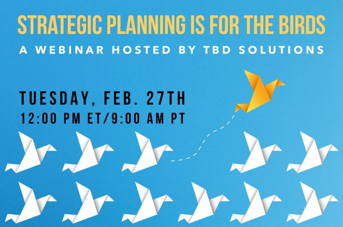 TBDSolutionsLLC's tweet photo. We are proud to announce an upcoming free, no-obligation webinar. Join our experienced Organization &amp; Policy Consultants as they provide insights and strength-based approaches to help your organization take flight with strategic planning. Register here: https://t.co/HEBbThDgVU https://t.co/o5fSXyrRMr