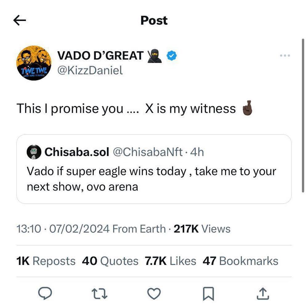ravetvchannel's tweet photo. "Get your Visa ready" - Singer Kizz Daniel reminds fan he promised to take to the UK for his concert if Nigeria wins South Africa.
#ravetvchannel
#AFCON2023 #trending #kizzdaniel https://t.co/qnbwAZxzMS