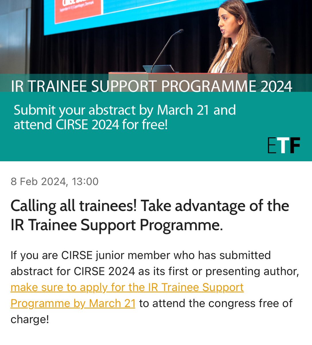 #CIRSE2024 #Lisbon #IRjuniors Apply now 👉🏻 cirsecongress.cirse.org/submit/ir-trai… @BSIR_News @TraineesBSIR @AnaesthetistRad @cirsesociety @ETF_IRtrainees 💪💪💪@SIRRFS