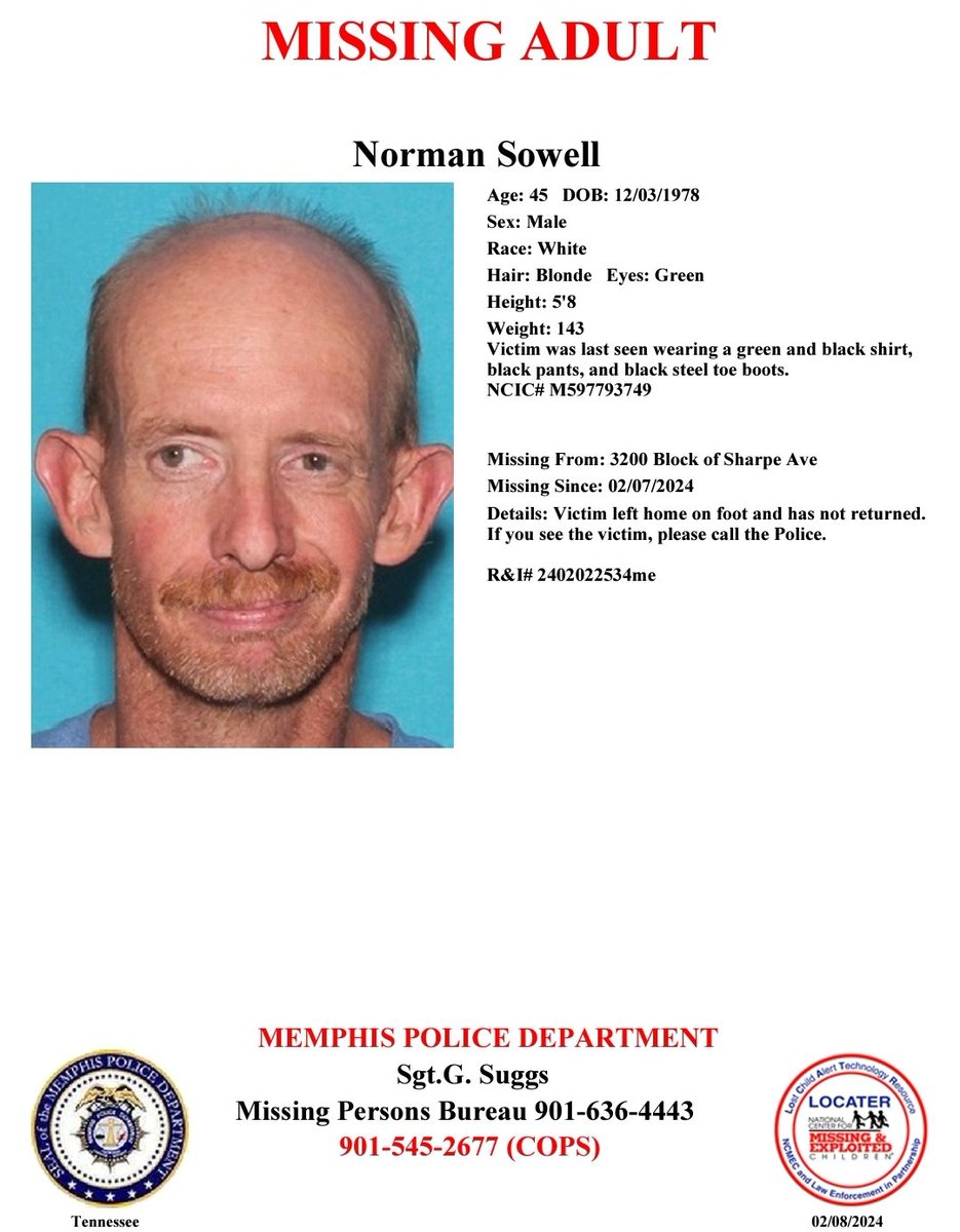 MEM_PoliceDept's tweet photo. Have you seen Norman Sowell?
Report #2402022534ME https://t.co/7BnwEZNHtm