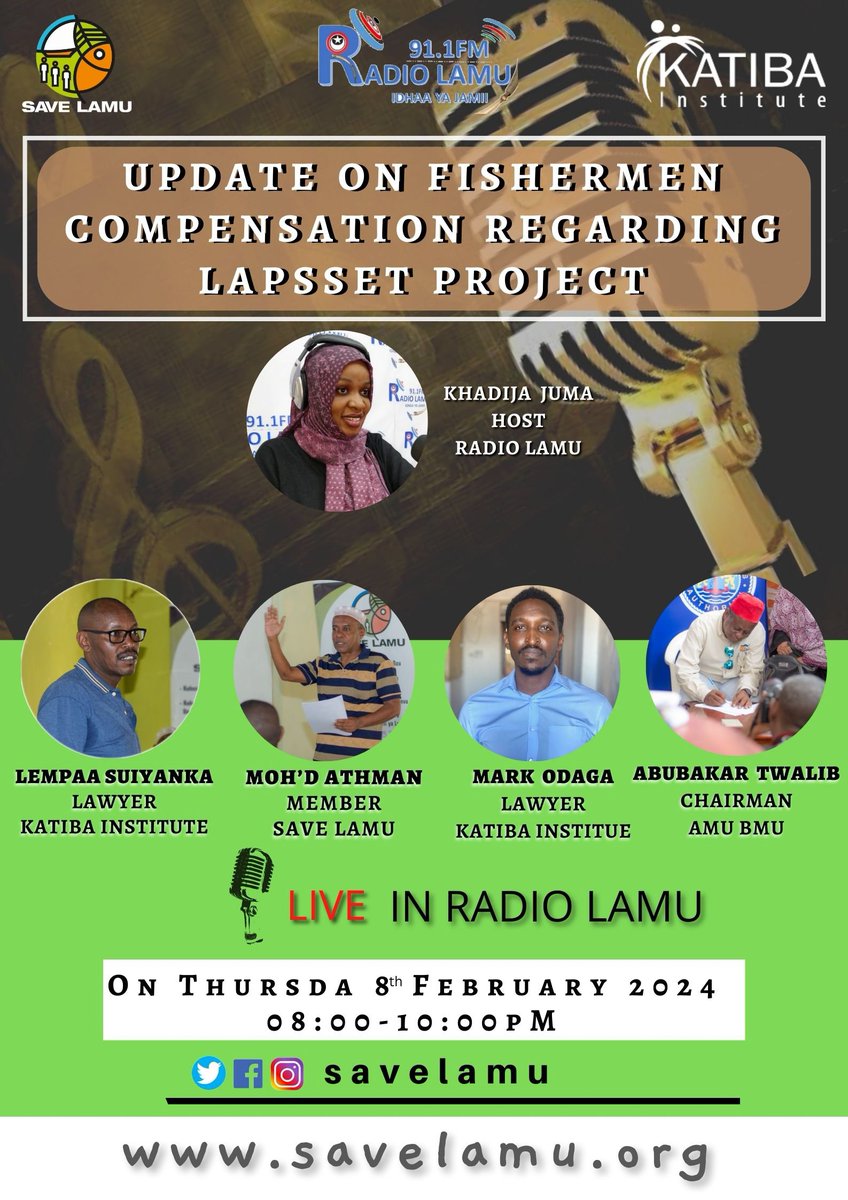 Savelamu (@savelamu) on Twitter photo Tonight join us at Radio Lamu 91.1 fm from 8:00pm as we update lamu fisherfolk communities on the compensation process and advocate for a speedy release of the compensation.
<a href="/ajws/">American Jewish World Service (AJWS)</a>
<a href="/katibainstitute/">Katiba Institute</a>
<a href="/deCOALonize/">deCOALonize Kenya</a>
<a href="/BoellStiftung/">Heinrich-Böll-Stiftung</a>
<a href="/pawankafund/">Pawanka Fund</a>
<a href="/pawankafund/">Pawanka Fund</a>
<a href="/AccountCounsel/">Accountability Counsel</a> Tonight join us at Radio Lamu 91.1 fm from 8:00pm as we update lamu fisherfolk communities on the compensation process and advocate for a speedy release of the compensation.
<a href="/ajws/">American Jewish World Service (AJWS)</a>
<a href="/katibainstitute/">Katiba Institute</a>
<a href="/deCOALonize/">deCOALonize Kenya</a>
<a href="/BoellStiftung/">Heinrich-Böll-Stiftung</a>
<a href="/pawankafund/">Pawanka Fund</a>
<a href="/pawankafund/">Pawanka Fund</a>
<a href="/AccountCounsel/">Accountability Counsel</a>