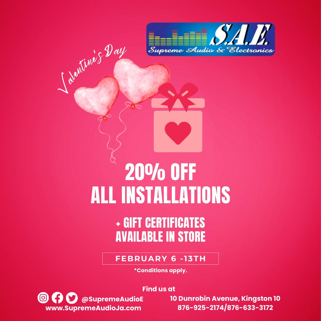 SupremeAudioE's tweet photo. Get 20% Off all installations from February 5 - 13th. Get a gift for yourself or your loved ones!
📍10 Dunrobin Avenue

Call for more information!
☎️ 876-925-2174 / 876-627-4606 / 876-633-3172

#valentinesdaysale #sale #caraudiolife #Audio #Electronics #Music #Jamaica #CarRadio https://t.co/RV55ifH1XO