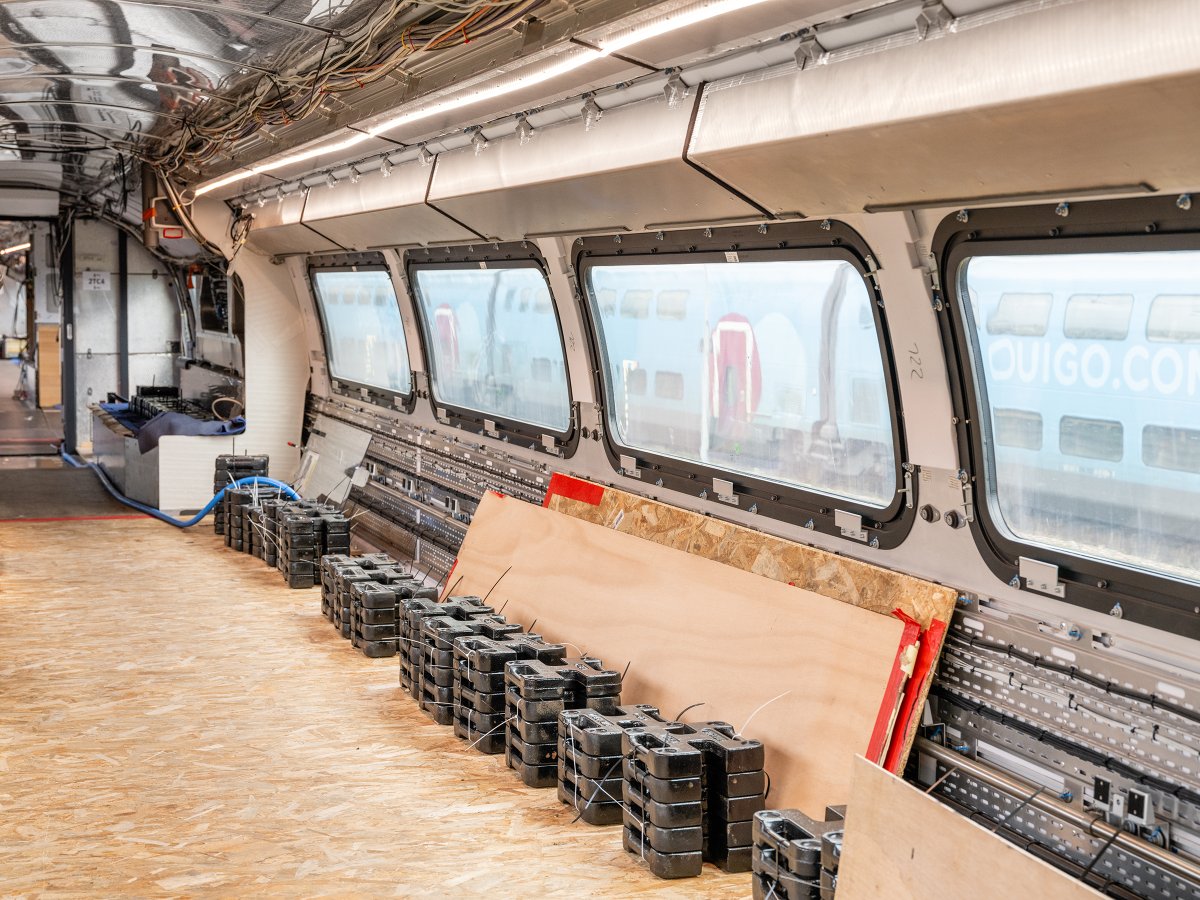 All aboard! Behind the scenes with the @SNCFVoyageurs brand new TGV M testing train. During testing, the seats are not yet installed, instead weights are put in their place. This will be the future of French rail travel.