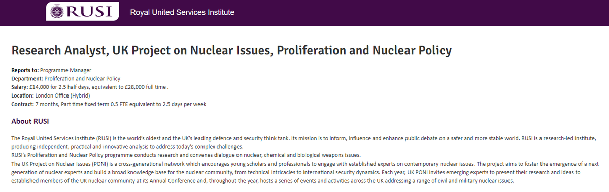 #ResearchAnalyst #NuclearPolicy #JobOpening 🔍🚨 Join @RUSI_org as a Research Analyst for the UK PONI project. Contribute to activity design, event planning, and provide crucial administrative support. Passionate about nuclear issues? Apply now ⤵️ 🔗lc.cx/QjYMK2