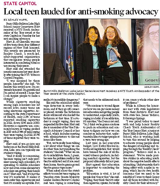 Thanks to <a href="/AshleyHupfl/">Ashley Hupfl</a> of <a href="/dgazette/">Daily Gazette</a> for this wonderful feature on our <a href="/RealityCheckNYS/">Reality Check</a> member, Genevieve Hart! 

Read more here: BHBL junior honored for anti-smoking advocacy | News | dailygazette.com