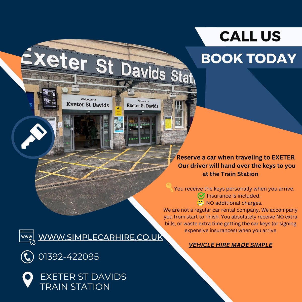 Reserve a car when traveling to EXETER 🚗 
👉🏻 Our driver will meet you at the station 🚂
🔑 You receive the keys personally when you arrive.
✔️ Insurance is included.
🤗 NO additional charges.

Rent a car here 👉🏻 simplecarhire.co.uk