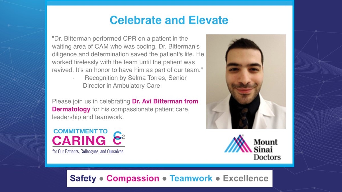 Our 3rd year resident, Dr. Avi Bitterman performed CPR on a patient in the waiting area of CAM who was coding. He saved the patient’s life! We Celebrate and Elevate his diligence and team work. @EmmaGuttman @IcahnMountSinai #Excellence #PatientCare