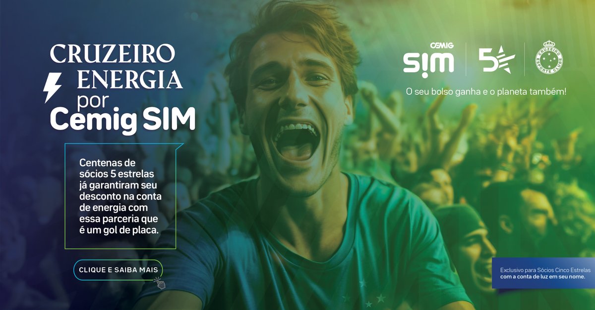 cemigsim's tweet photo. Voltamos pro X com uma baita notícia junto com o cabuloso @Cruzeiro! 
Centenas de sócios 5 estrelas já estão economizando 20% na conta de luz com a assinatura de energia solar da Cemig SIM, que é mais limpa, segura e totalmente renovável. Agora só falta você!! https://t.co/bKyPYoUzxZ