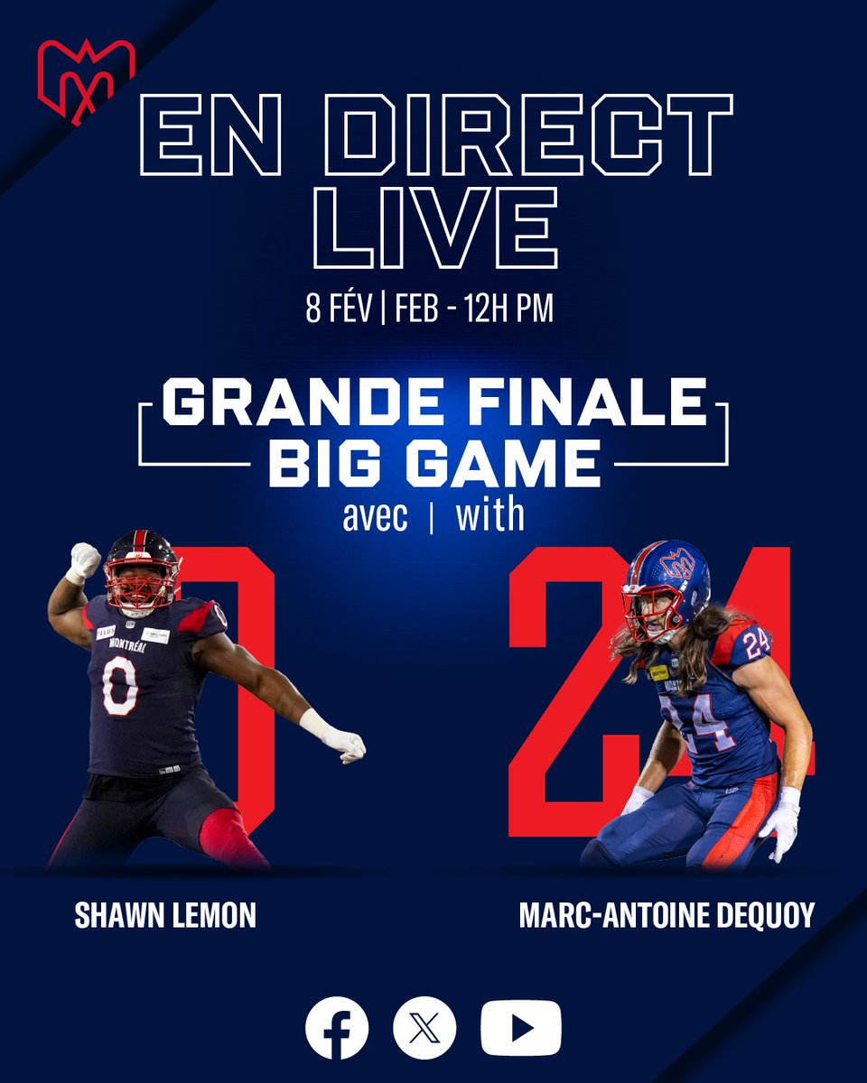 Connectez-vous en direct avec les joueurs #24 Marc-Antoine Dequoy et #0 Shawn Lemon pour une discussion enflammée sur les enjeux cruciaux de la grande finale de dimanche ! 🔥🏈 Préparez vos questions, ça va chauffer. #Alouettes