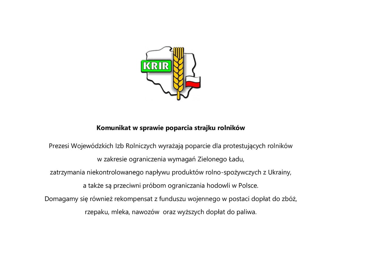 Instytut_Rolny's tweet photo. Komunikat Krajowej Rady Izb Rolniczych w sprawie poparcia strajku rolników
#rolnictwo #KRIR #protestyrolniików #zielonyład #Ukraina https://t.co/SFk0VOETUH