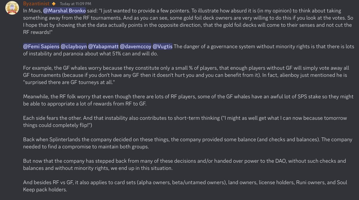 Goldmatters_'s tweet photo. Long time player Byz explained this problem better than I have ever seen last night in chat.

It’s something I have had huge concerns about since the creation of the DAO.

Overall I am still bullish because I believe in the team, and im hoping to be proven wrong about the DAOenstein over time