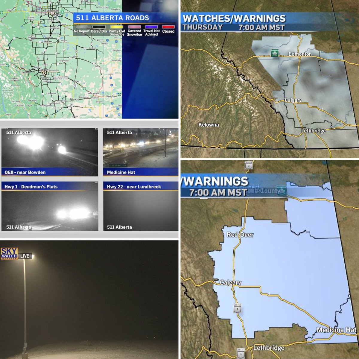 Expect limited visibility this morning in Calgary and S.AB. Fog Advisories extend N. of #YEG (top right), a Freezing Drizzle Advisory incl. #YYC & areas N, S, and E. Traffic & weather updates on @CTVMorningYYC w/ me and @ctv_michelle.